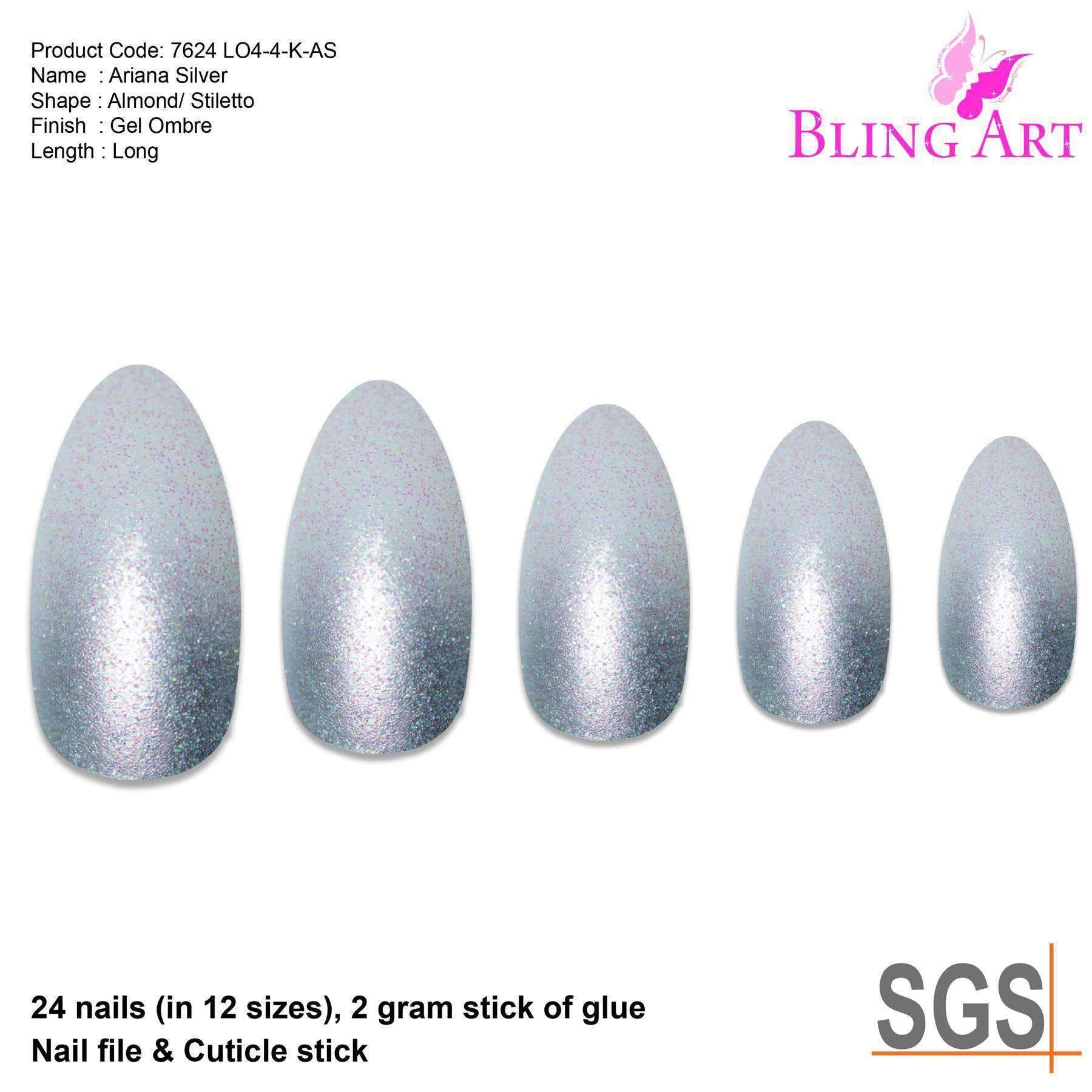 Bling Art Silver Gel Ombre Almond Stiletto false nails set with 24 acrylic tips, glue, nail file, and cuticle stick.