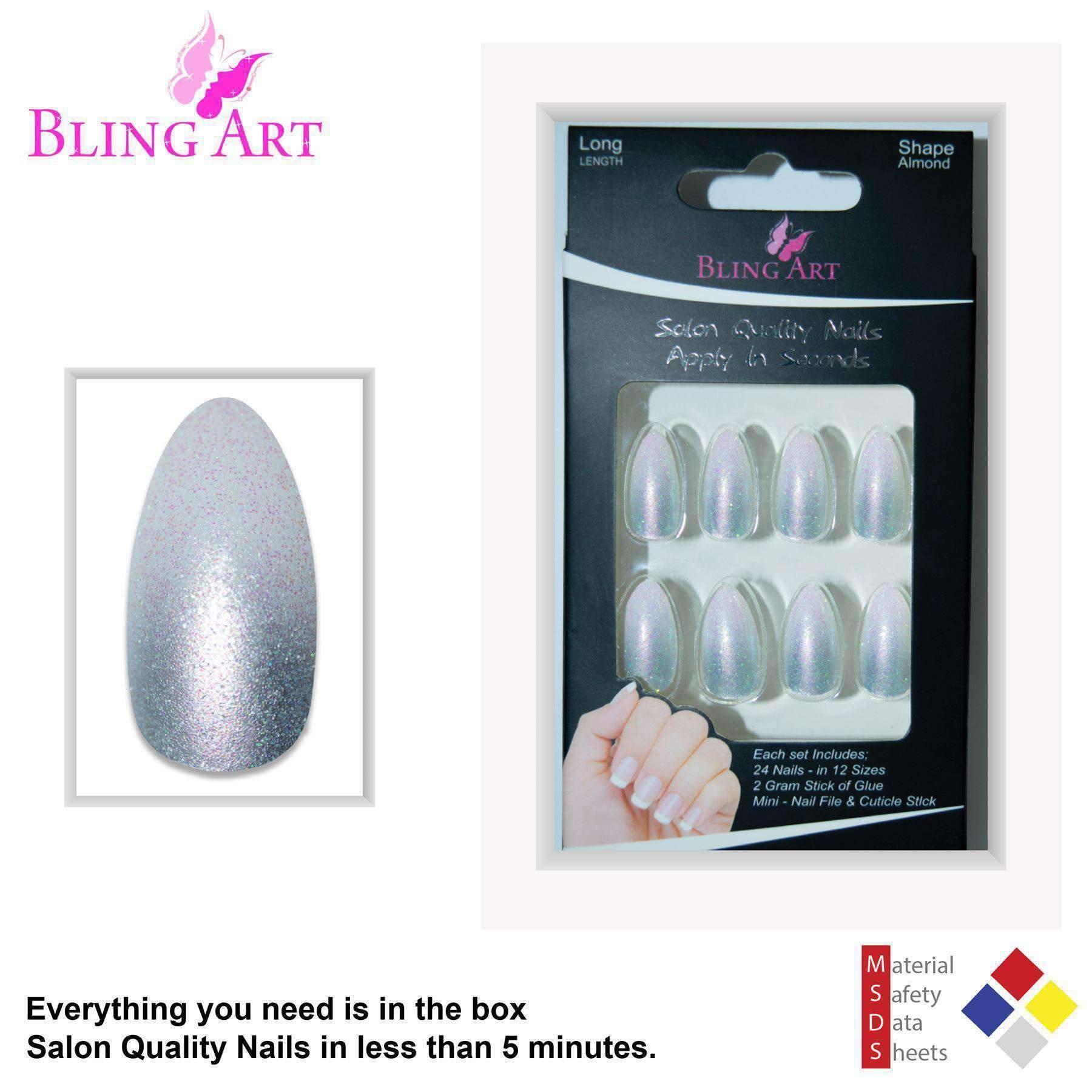 Bling Art Silver Gel Ombre Almond Stiletto false nails set with 24 acrylic tips, glue, nail file, and cuticle stick.