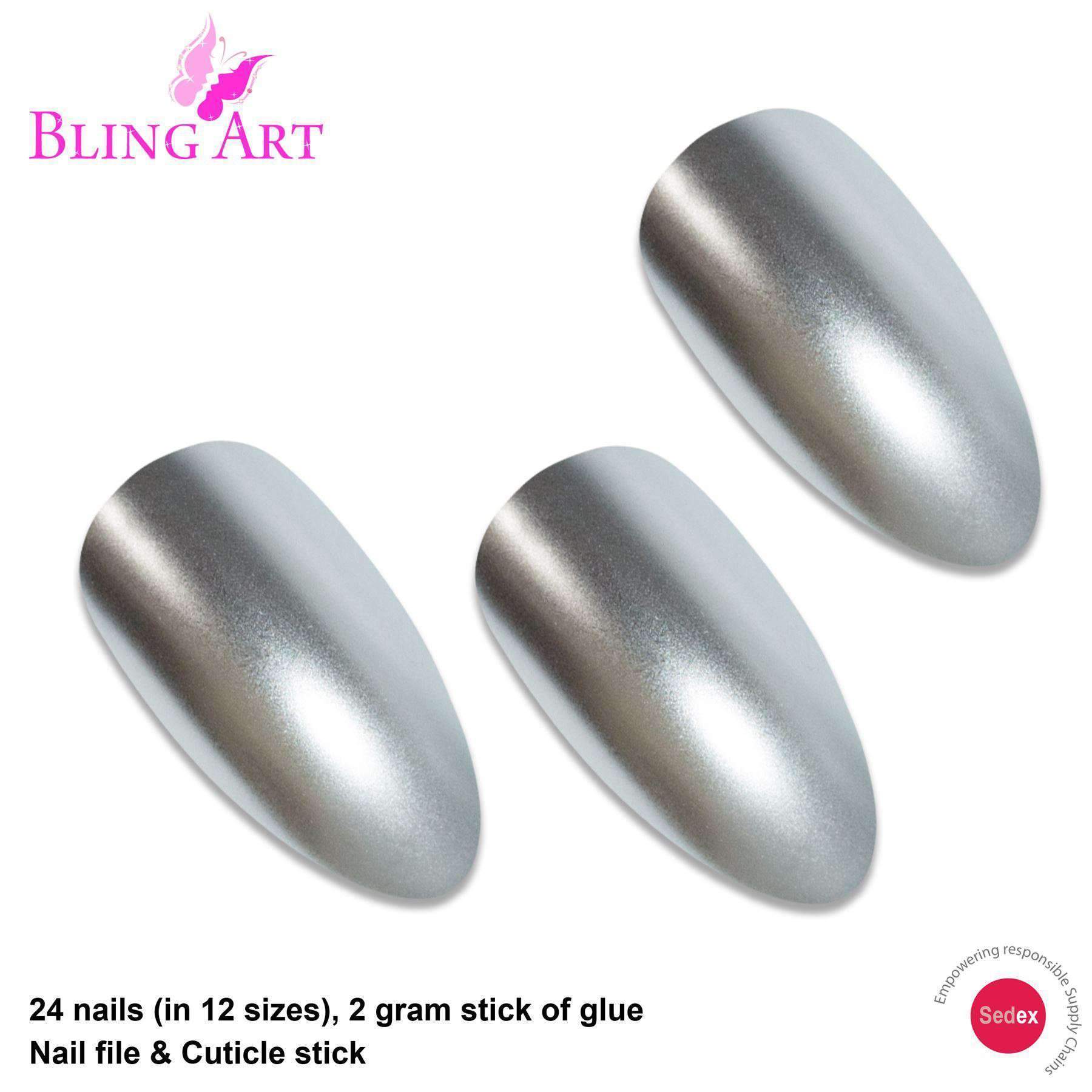 Bling Art Silver Matte Metallic Almond Stiletto Fake Nails displayed with accessories including glue, nail file, and cuticle stick.