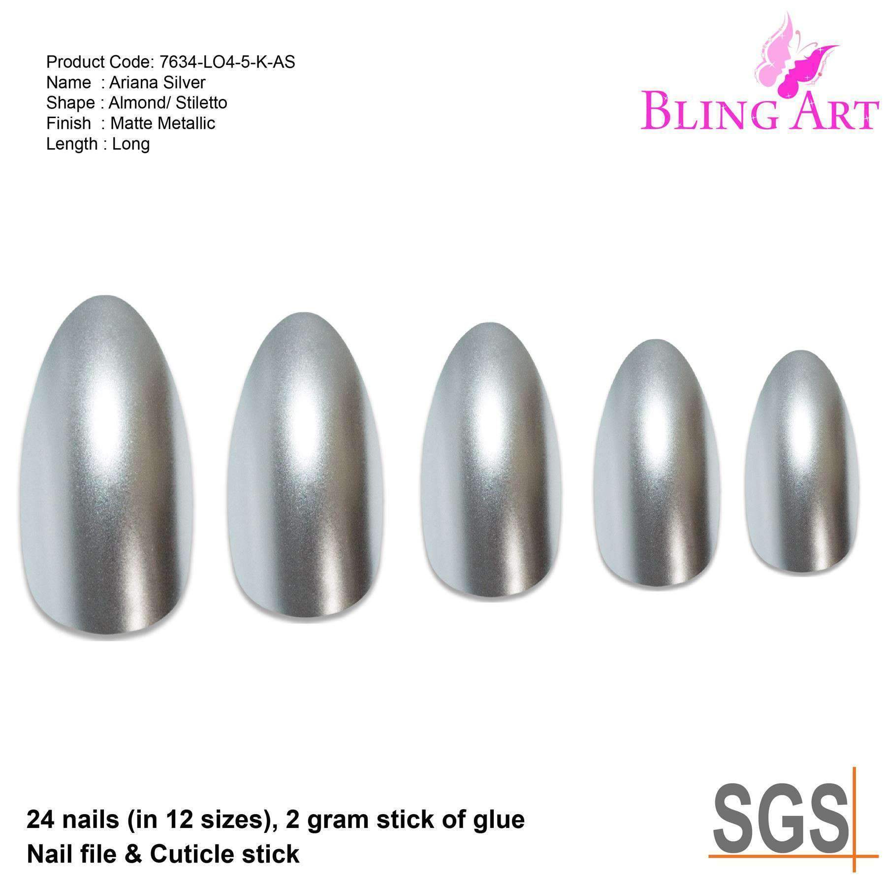 Bling Art Silver Matte Metallic Almond Stiletto Fake Nails displayed with accessories including glue, nail file, and cuticle stick.