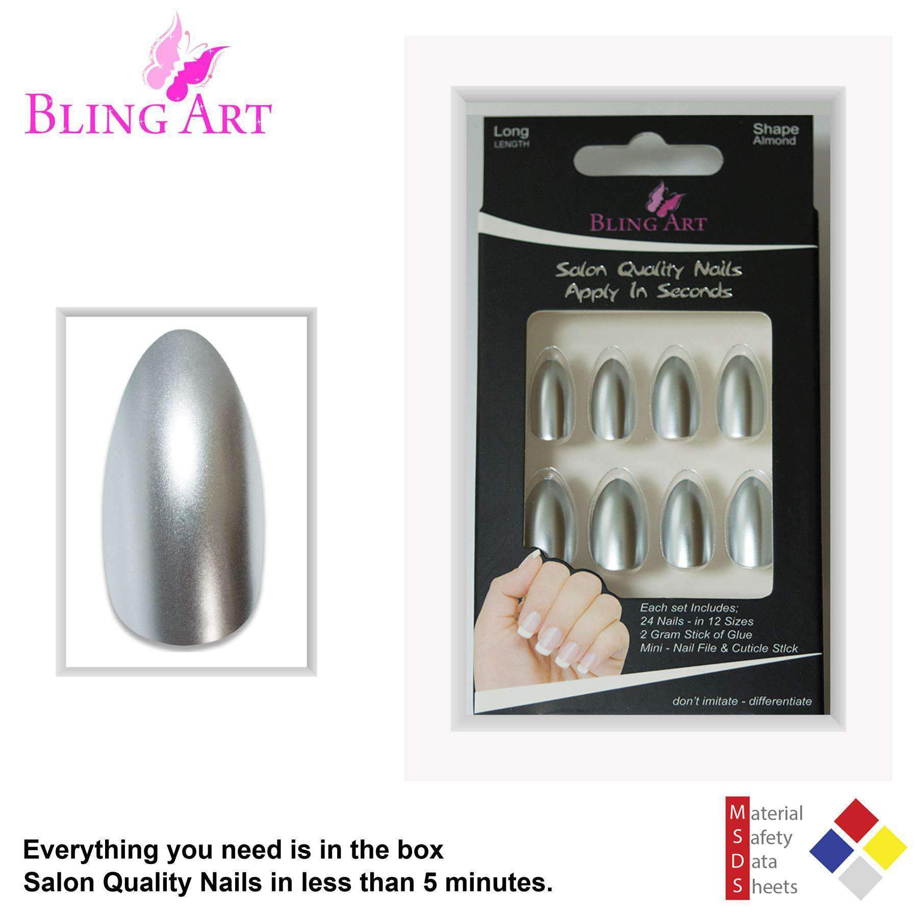 Bling Art Silver Matte Metallic Almond Stiletto Fake Nails displayed with accessories including glue, nail file, and cuticle stick.