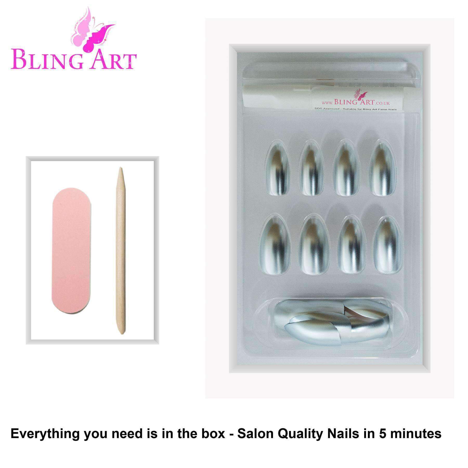 Bling Art Silver Matte Metallic Almond Stiletto Fake Nails displayed with accessories including glue, nail file, and cuticle stick.