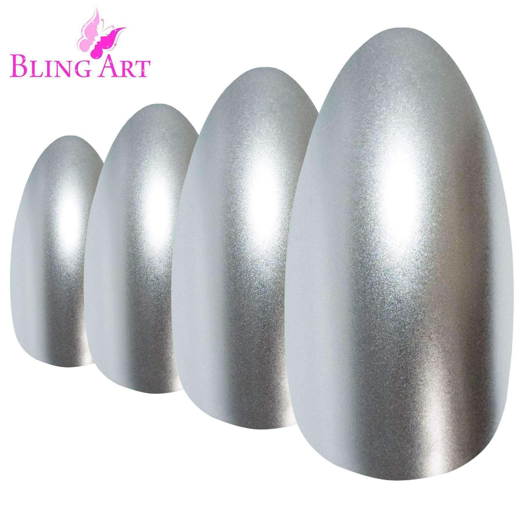 Bling Art Silver Matte Metallic Almond Stiletto Fake Nails displayed with accessories including glue, nail file, and cuticle stick.