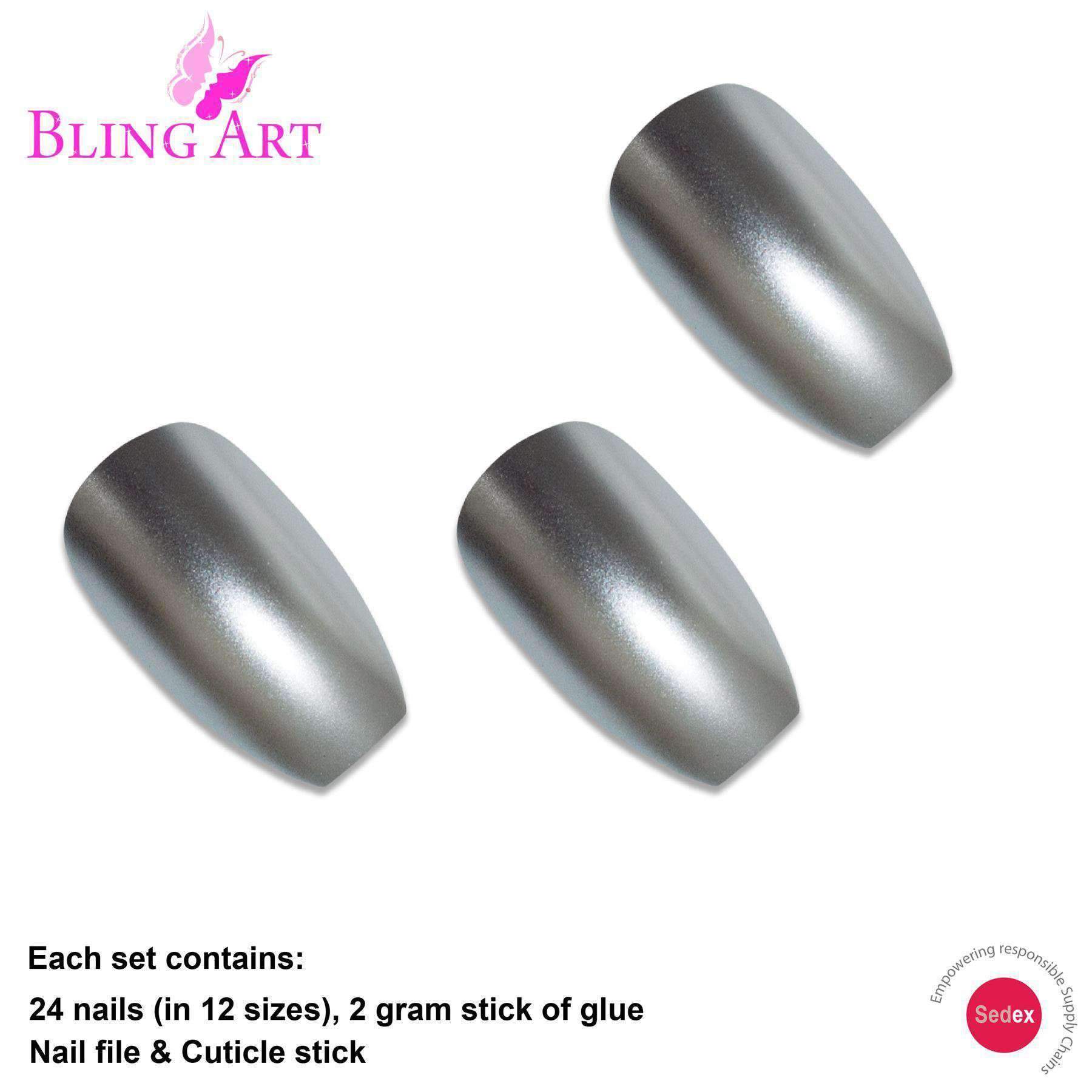 Bling Art Silver Matte Metallic Ballerina Coffin Fake Nails set with glue, nail file, and cuticle stick.