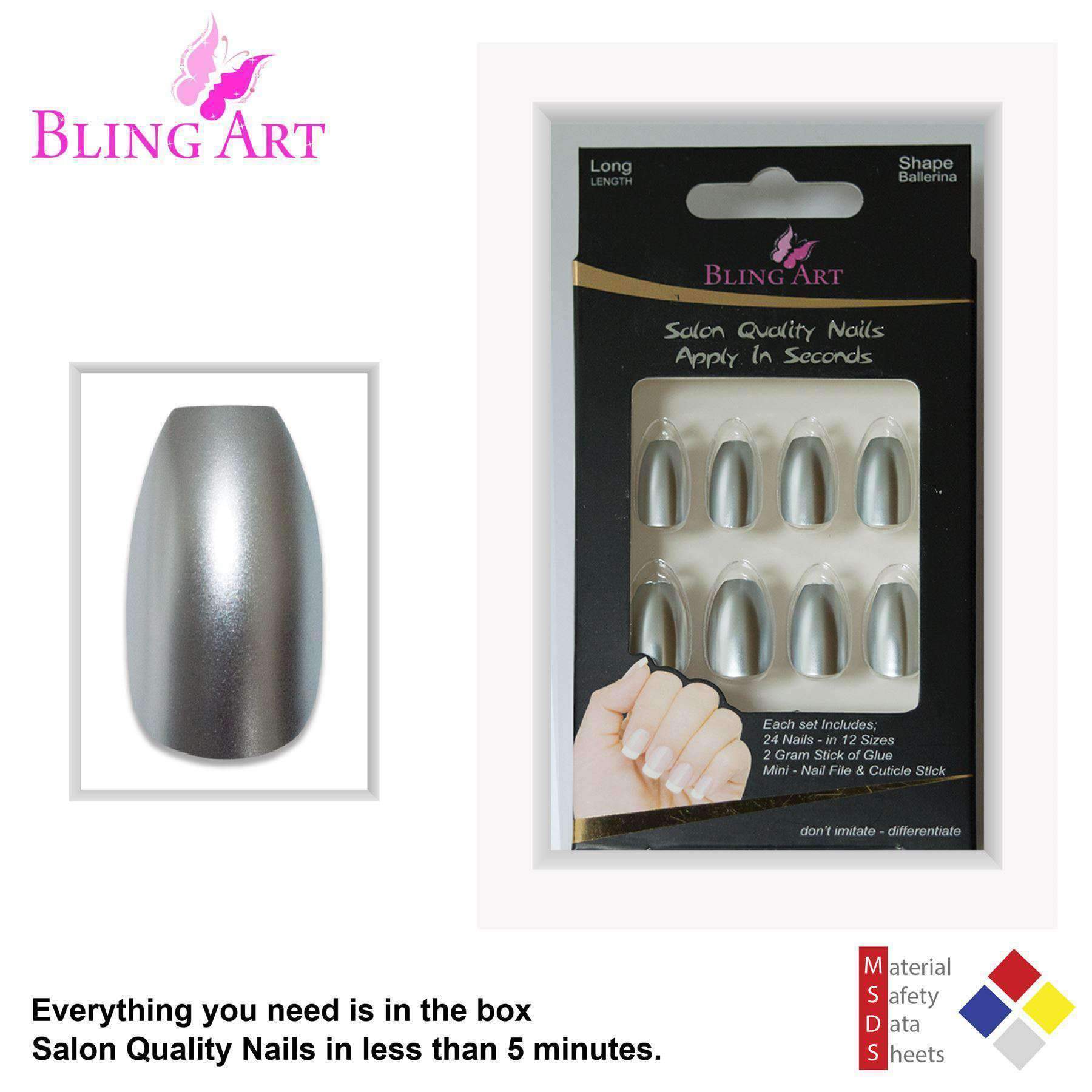 Bling Art Silver Matte Metallic Ballerina Coffin Fake Nails set with glue, nail file, and cuticle stick.