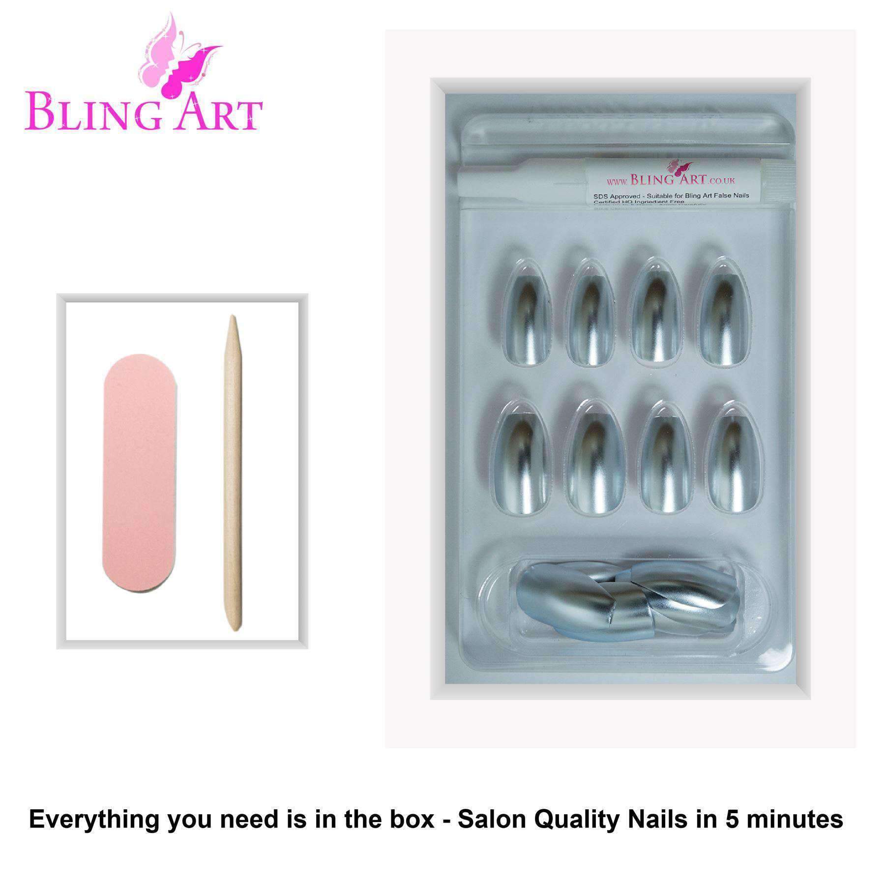 Bling Art Silver Matte Metallic Ballerina Coffin Fake Nails set with glue, nail file, and cuticle stick.