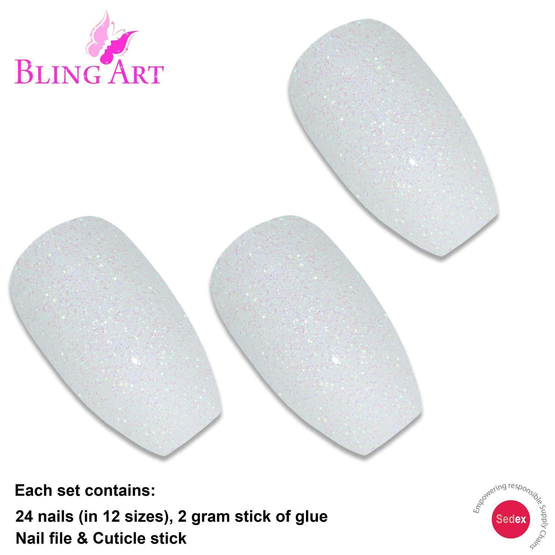 Bling Art White Gel Ballerina Coffin nails displayed in a stylish arrangement, showcasing 24 long fake acrylic nail tips with a glossy pearl white finish.