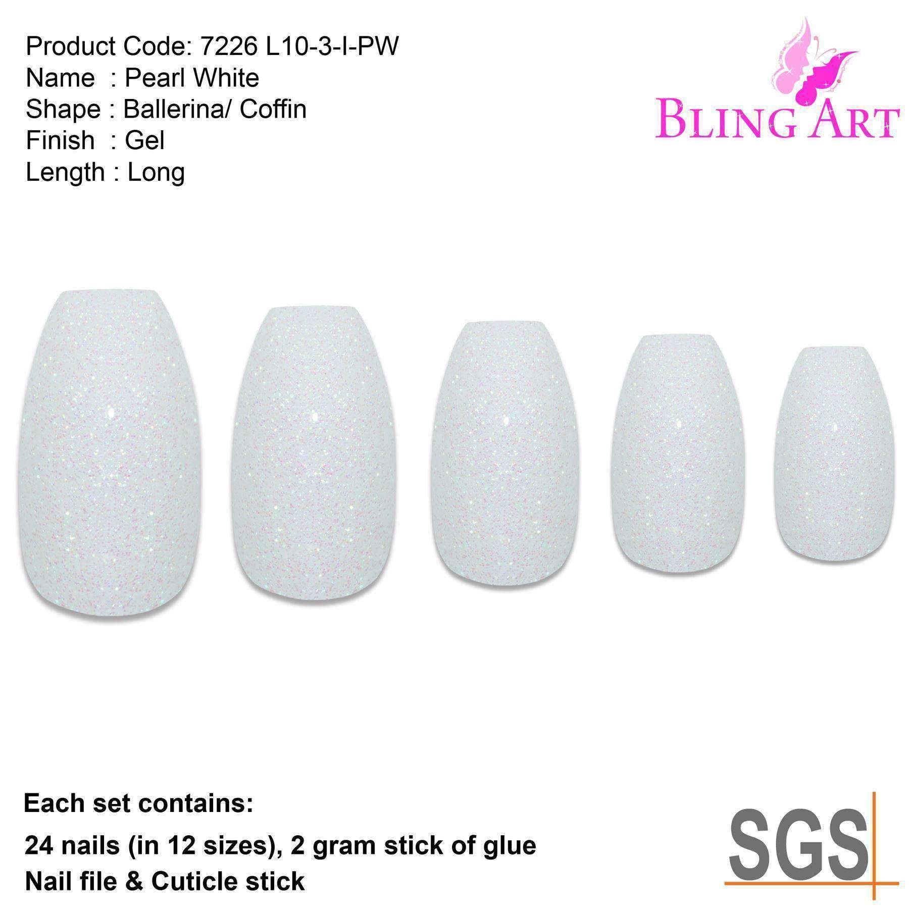 Bling Art White Gel Ballerina Coffin nails displayed in a stylish arrangement, showcasing 24 long fake acrylic nail tips with a glossy pearl white finish.