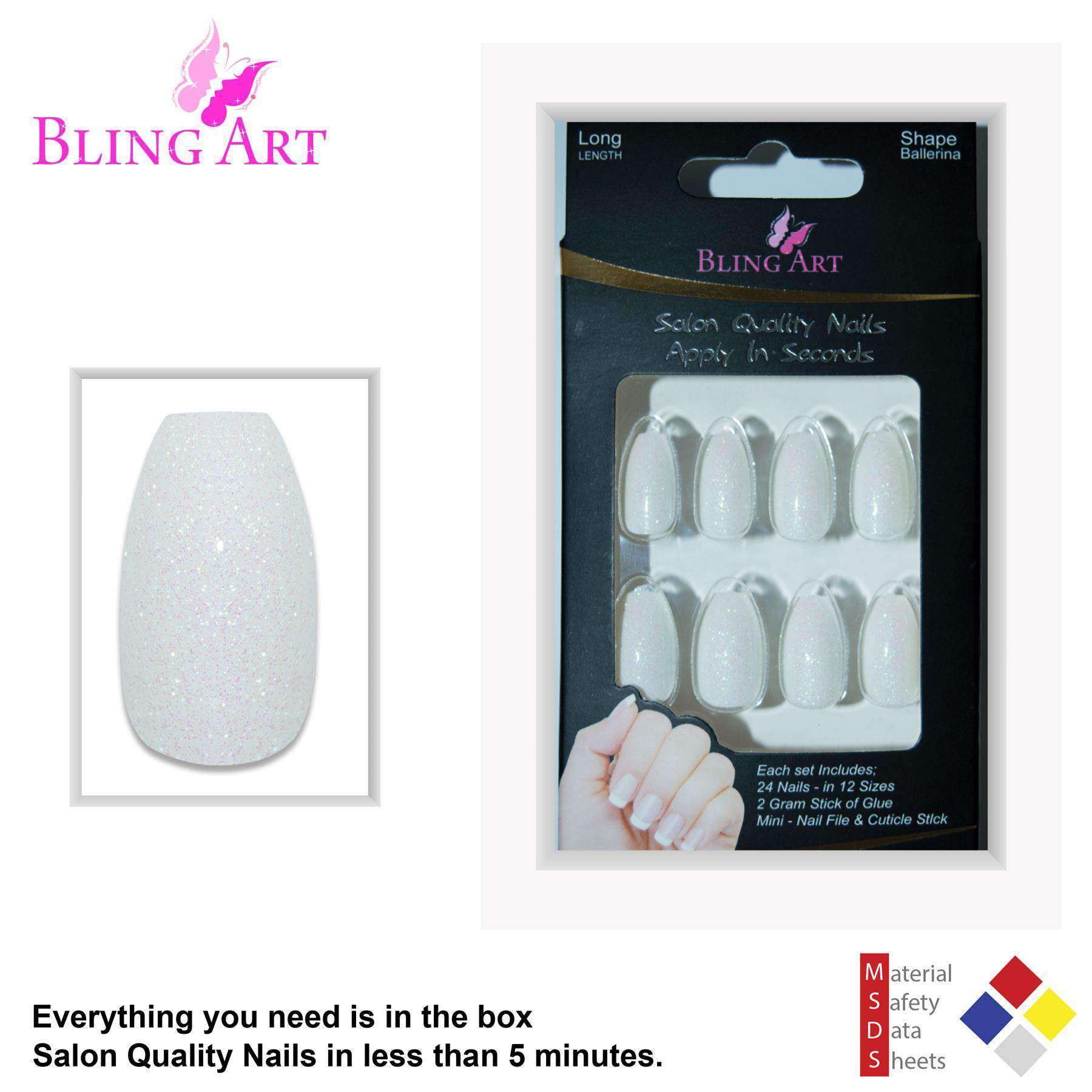 Bling Art White Gel Ballerina Coffin nails displayed in a stylish arrangement, showcasing 24 long fake acrylic nail tips with a glossy pearl white finish.