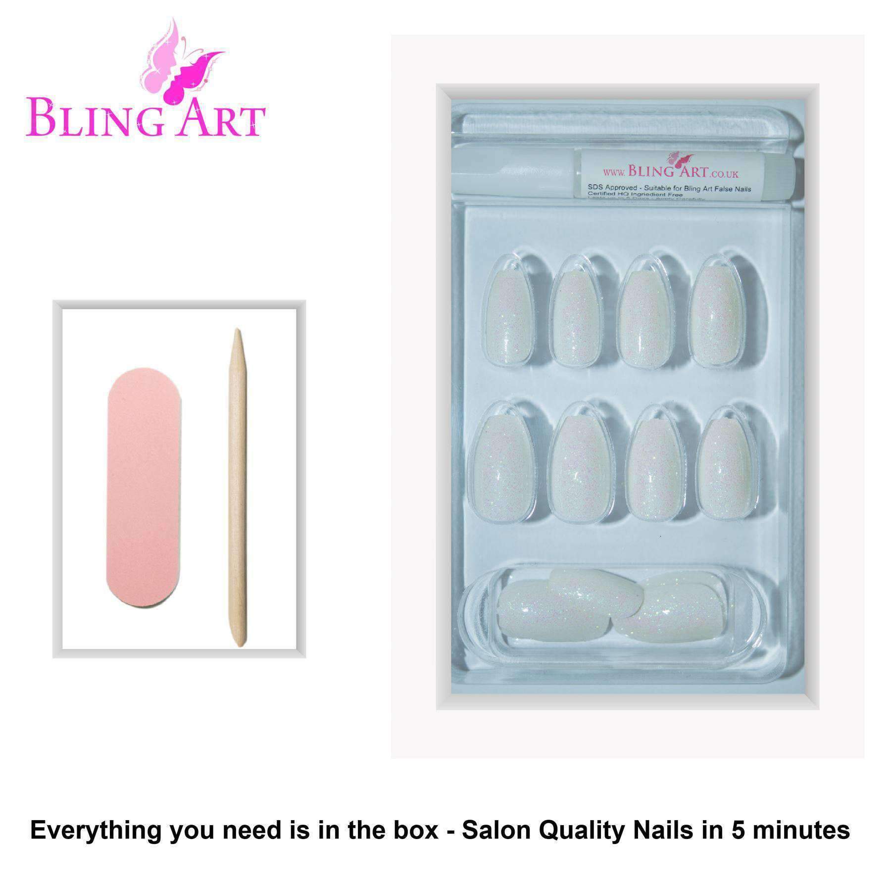 Bling Art White Gel Ballerina Coffin nails displayed in a stylish arrangement, showcasing 24 long fake acrylic nail tips with a glossy pearl white finish.