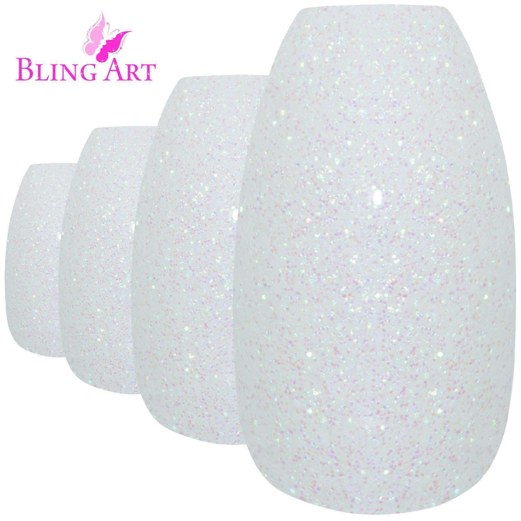 Bling Art White Gel Ballerina Coffin nails displayed in a stylish arrangement, showcasing 24 long fake acrylic nail tips with a glossy pearl white finish.