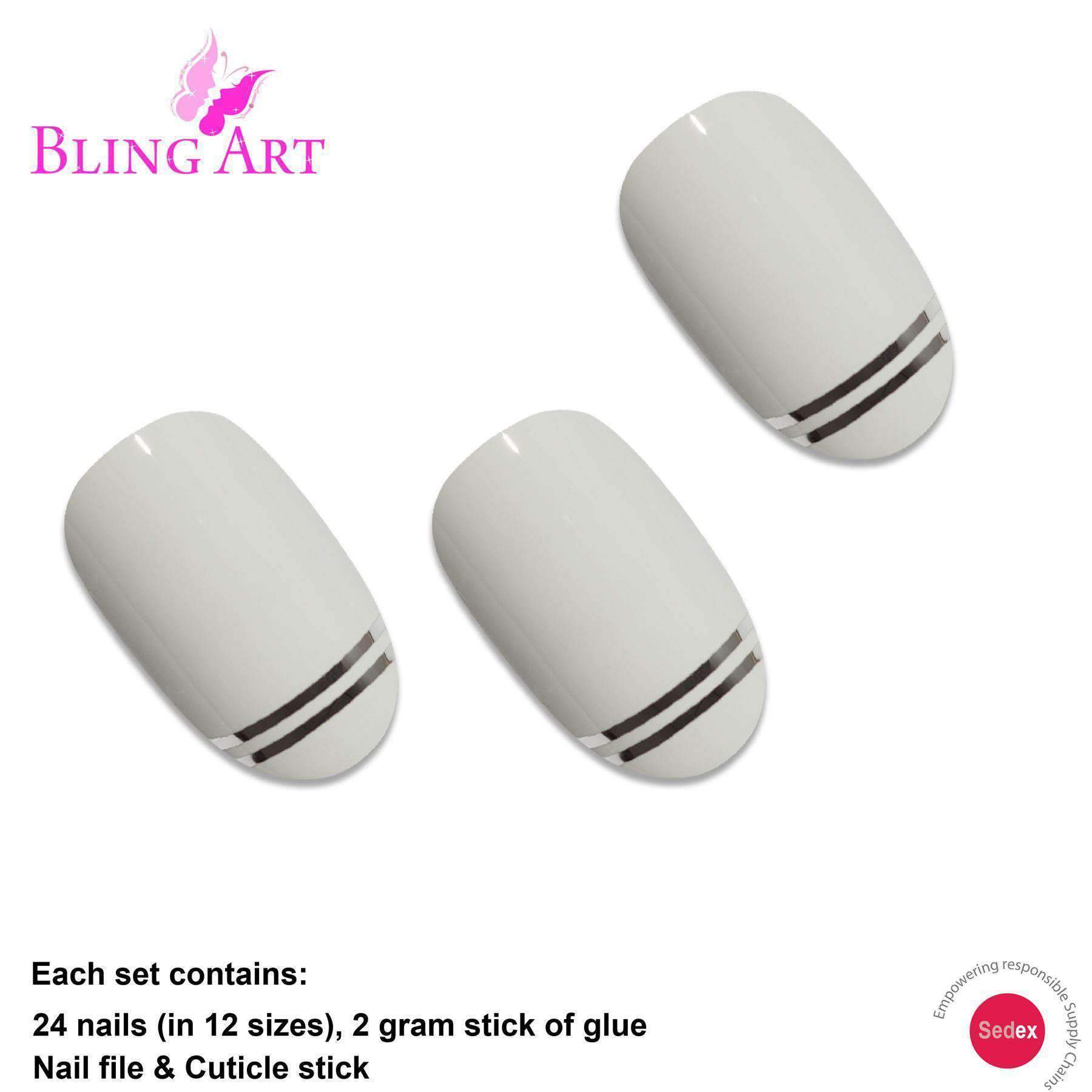 Bling Art White Silver Glossy Oval Medium Fake Nails set with glue, nail file, and cuticle stick.