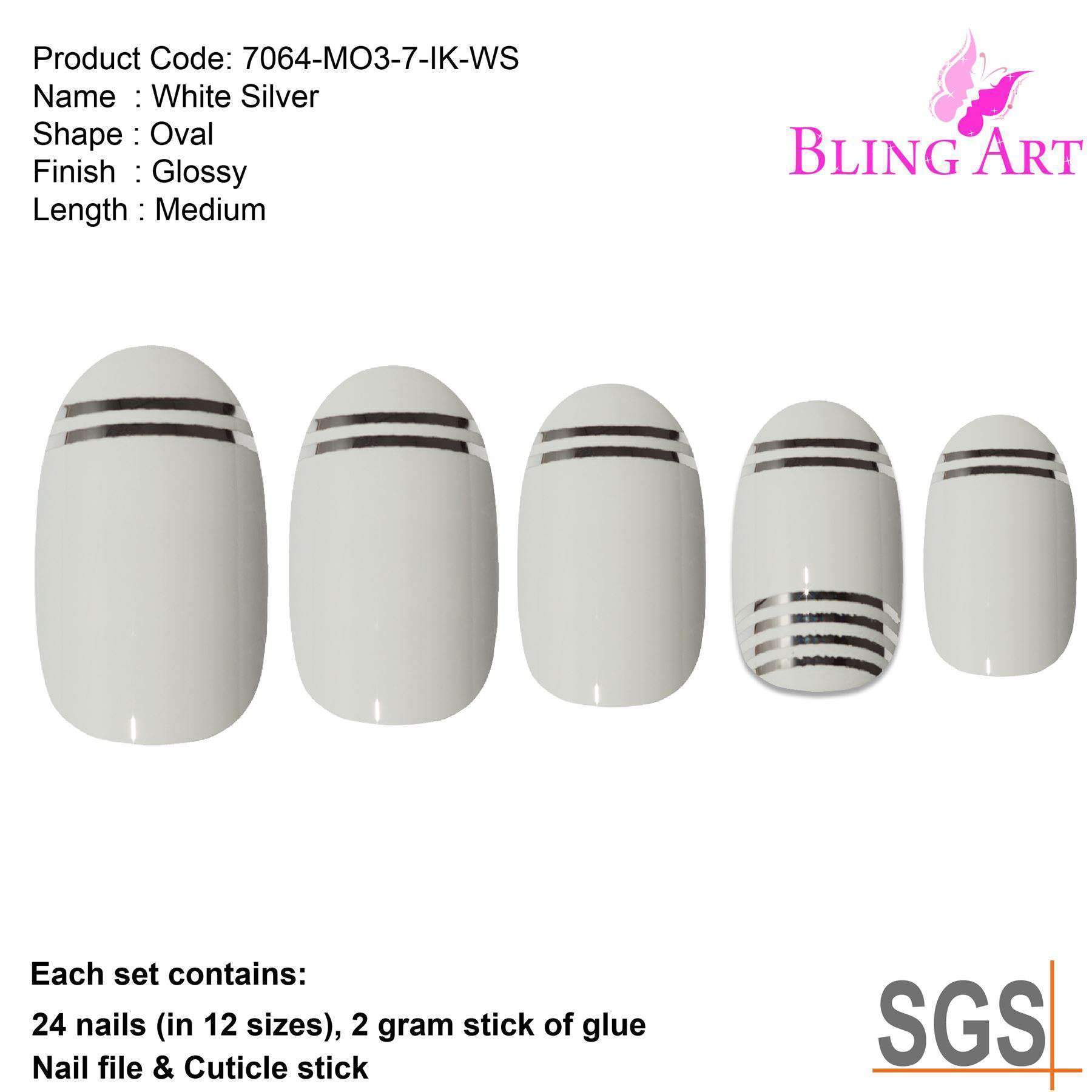 Bling Art White Silver Glossy Oval Medium Fake Nails set with glue, nail file, and cuticle stick.