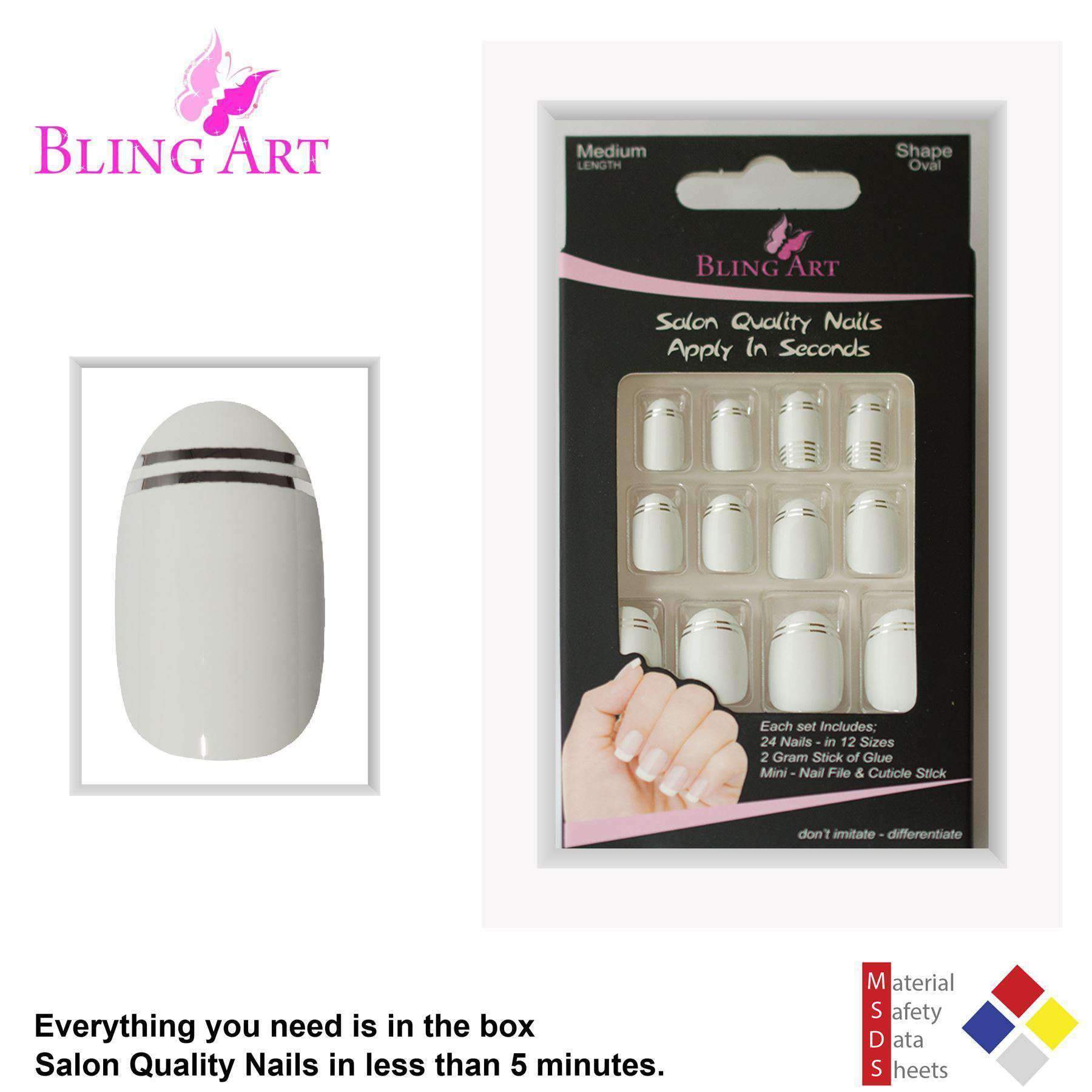 Bling Art White Silver Glossy Oval Medium Fake Nails set with glue, nail file, and cuticle stick.