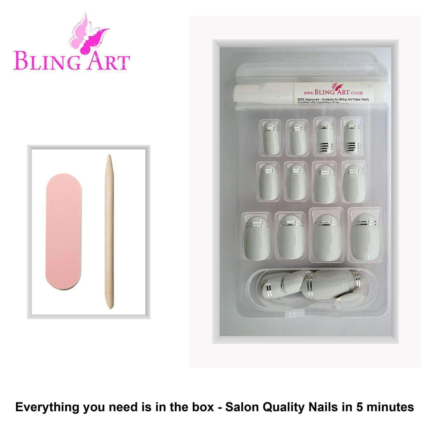 Bling Art White Silver Glossy Oval Medium Fake Nails set with glue, nail file, and cuticle stick.