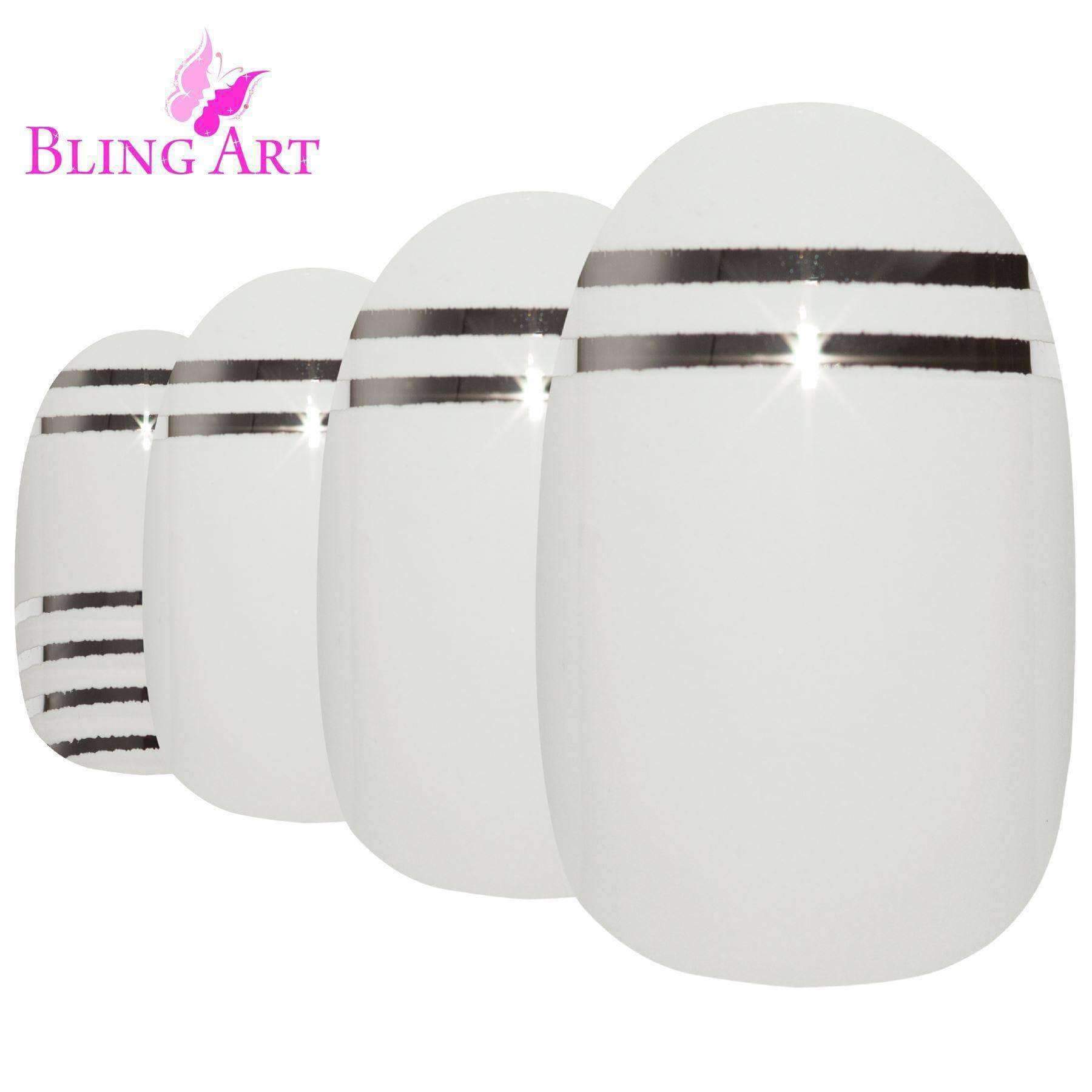 Bling Art White Silver Glossy Oval Medium Fake Nails set with glue, nail file, and cuticle stick.