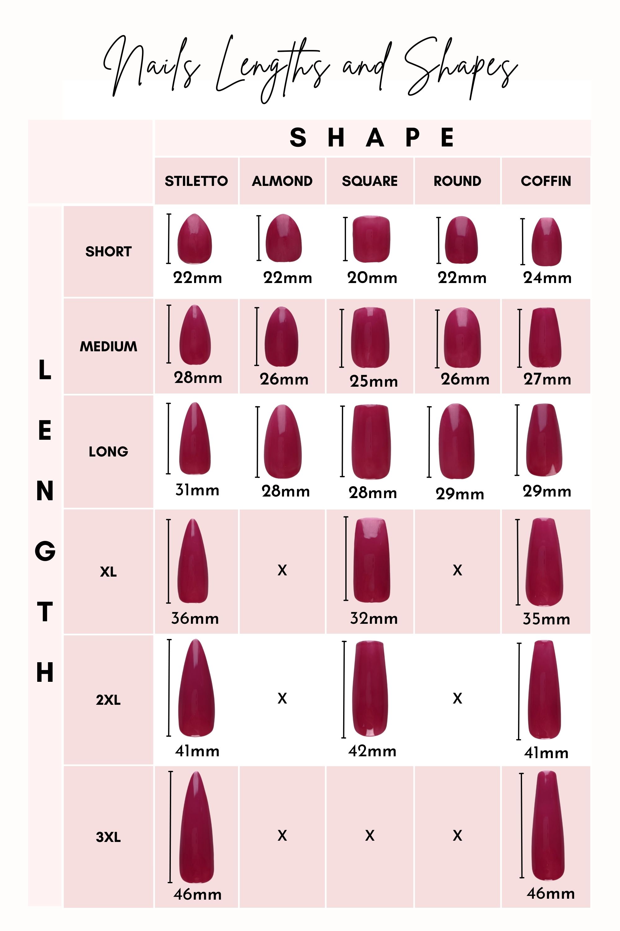 Nail lengths and shapes chart.