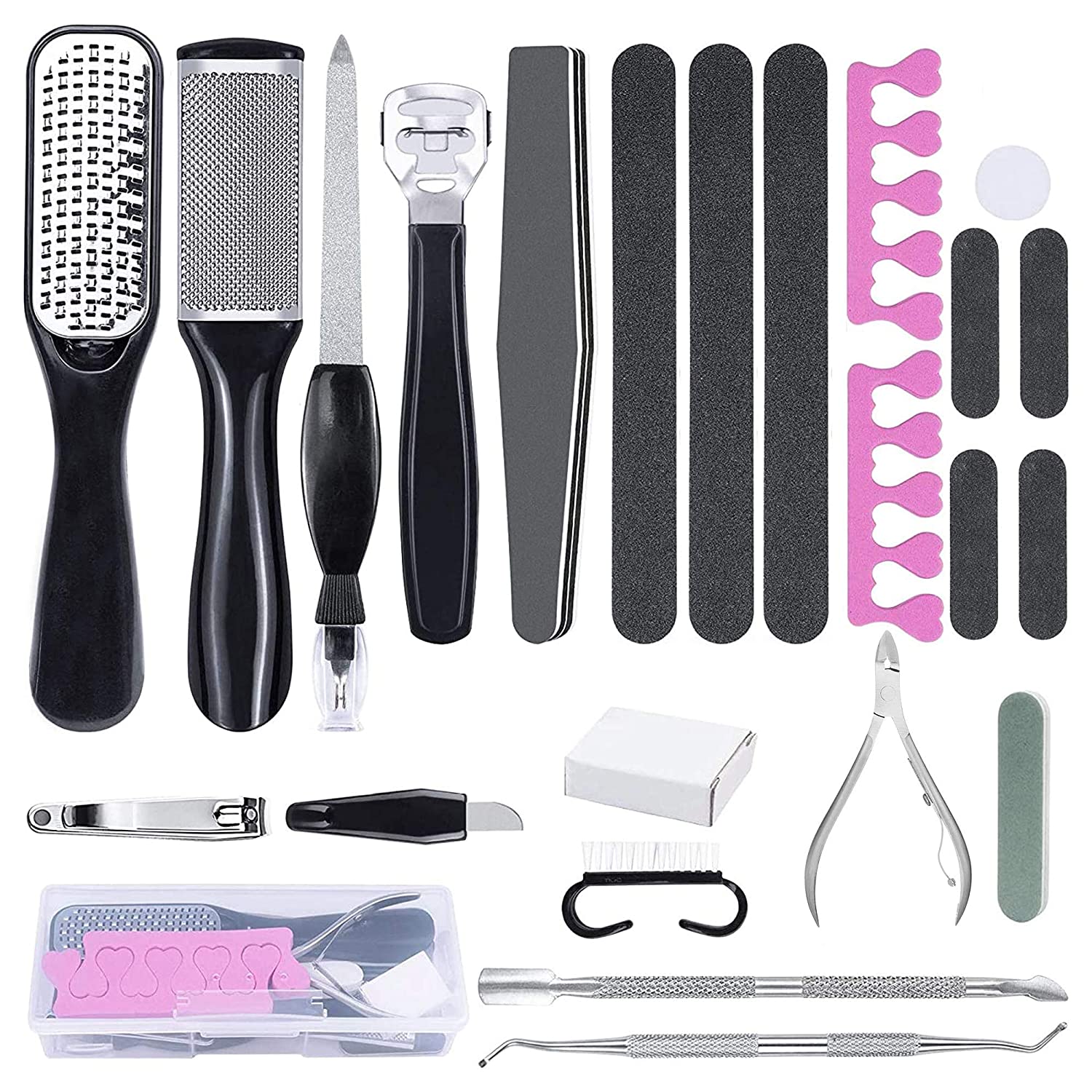 Foot Care Set featuring 23 stainless steel tools for professional pedicure and foot care, including clippers, files, and removers.