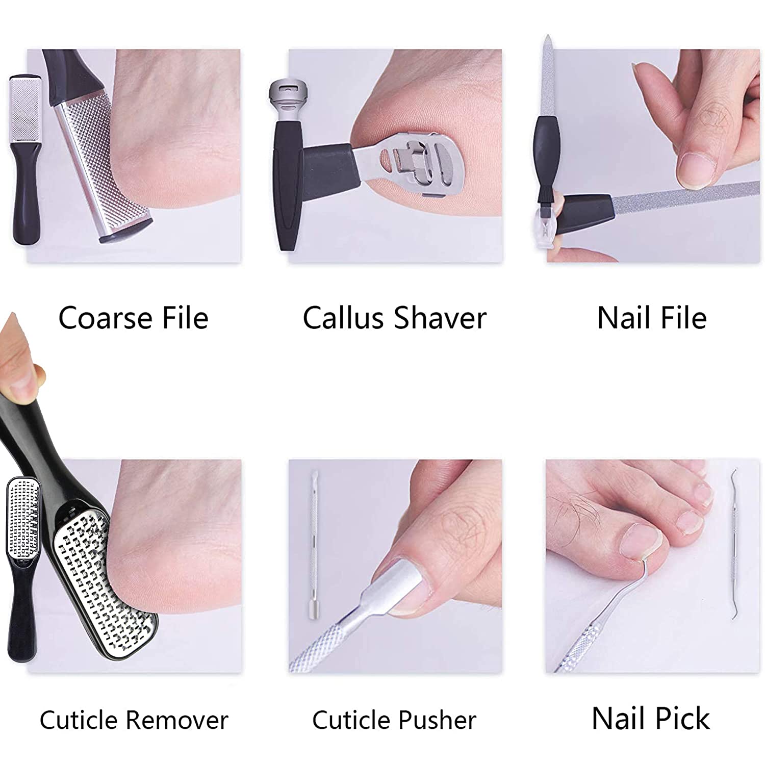 Foot Care Set featuring 23 stainless steel tools for professional pedicure and foot care, including clippers, files, and removers.