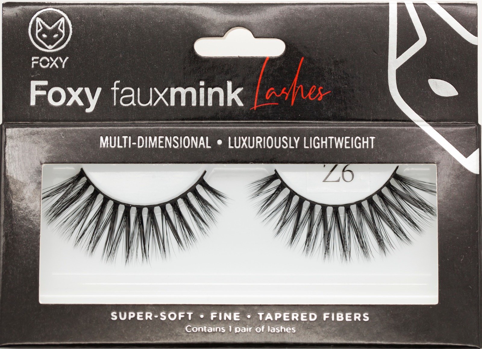 Foxy Faux Mink Eyelashes Model Z6 displayed on a white background, showcasing their full and flared design with a light cotton band.