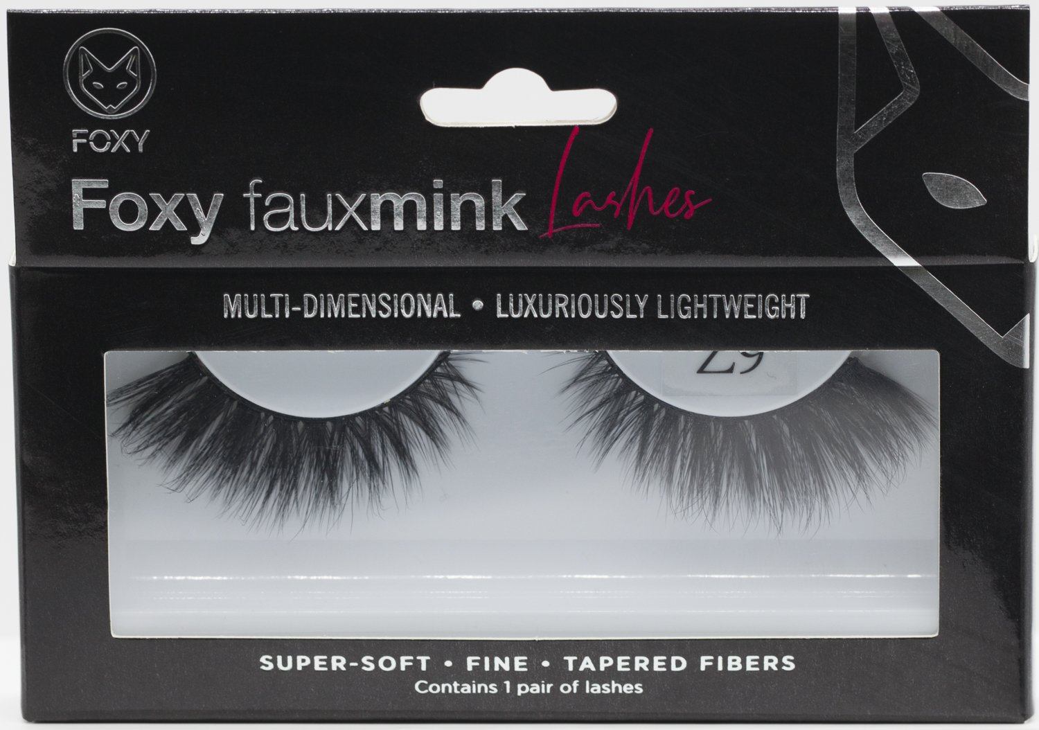 Foxy Faux Mink Lashes Model Z9 displayed on a white background, showcasing their full and flared design with a light cotton band.