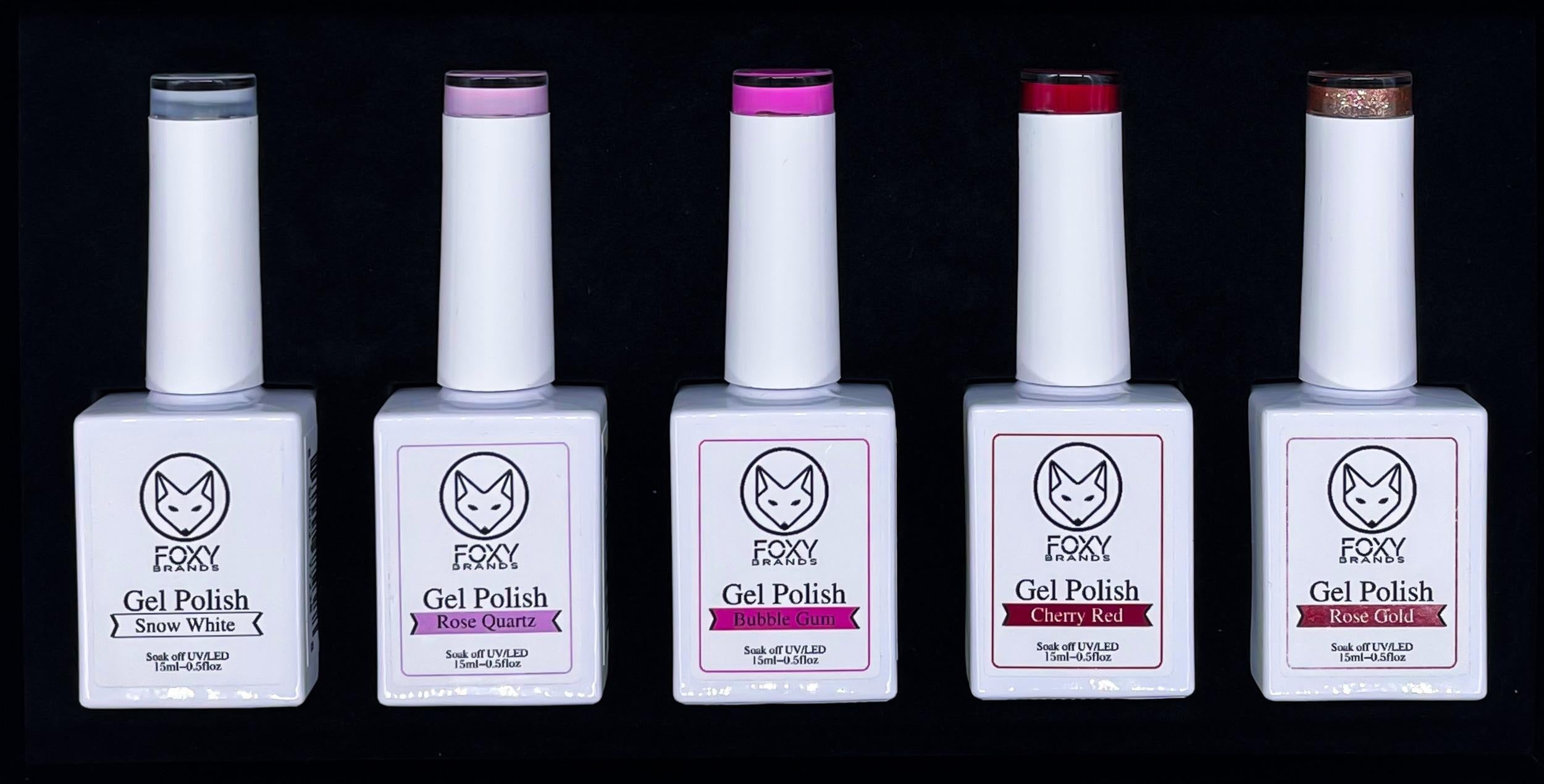 Gel Color Set featuring five vibrant shades: Snow White, Rose Quartz, Bubble Gum, Cherry Red, and Rose Gold in elegant packaging.