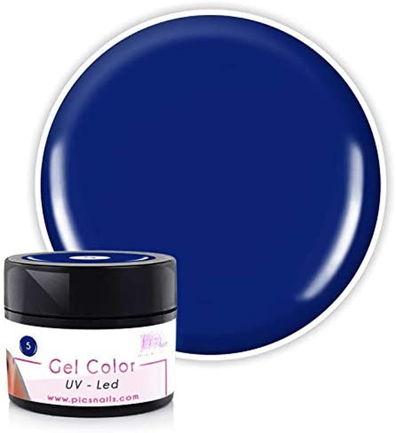 A 5ml bottle of Gel Color UV/LED in vibrant blue, showcasing its sleek design and professional quality for nail applications.