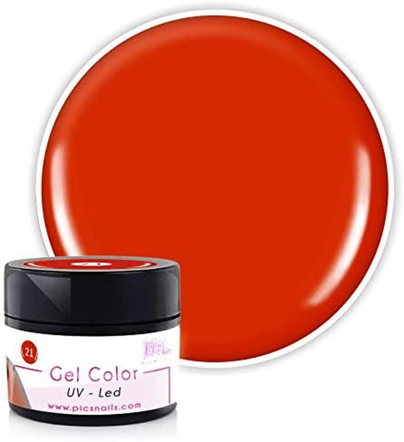 Barattolo di Gel Color UV/LED Rosso 21 da 5 ml, con etichetta professionale e colore vibrante.