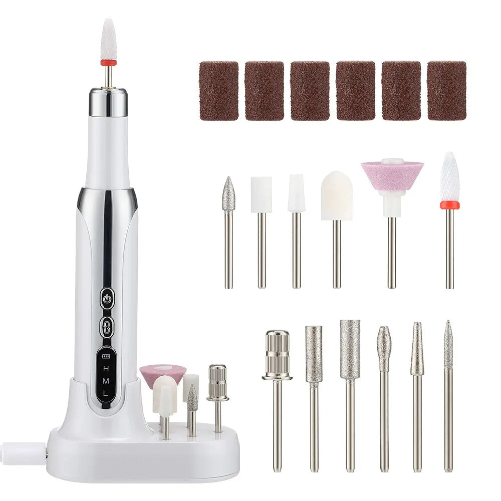 Multifunctional electric nail beauty instrument in white color with various grinding heads and a non-slip charging base.