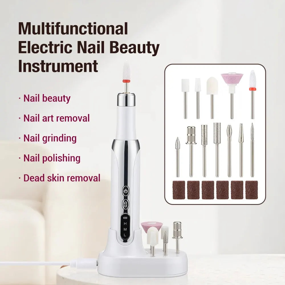 Multifunctional electric nail beauty instrument in white color with various grinding heads and a non-slip charging base.