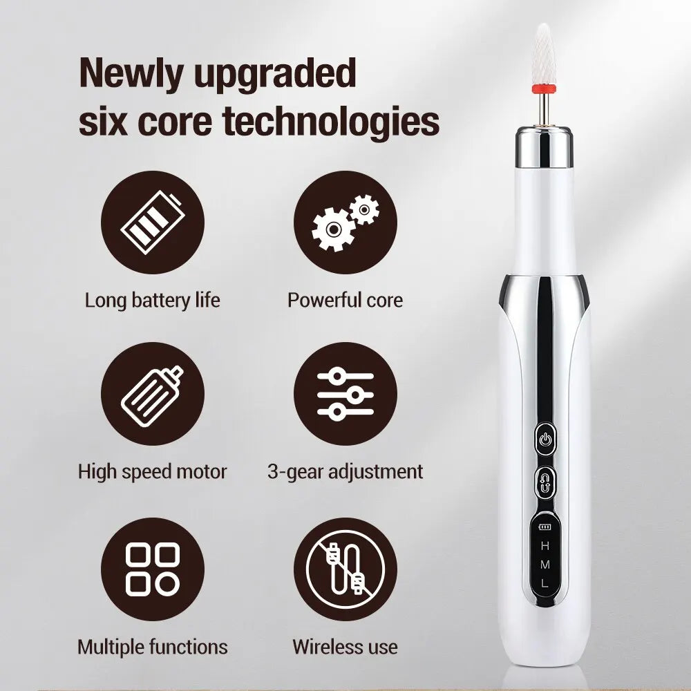 Multifunctional electric nail beauty instrument in white color with various grinding heads and a non-slip charging base.