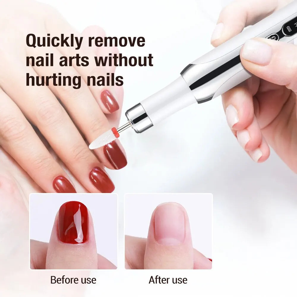 Multifunctional electric nail beauty instrument in white color with various grinding heads and a non-slip charging base.