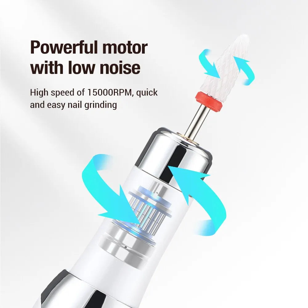 Multifunctional electric nail beauty instrument in white color with various grinding heads and a non-slip charging base.