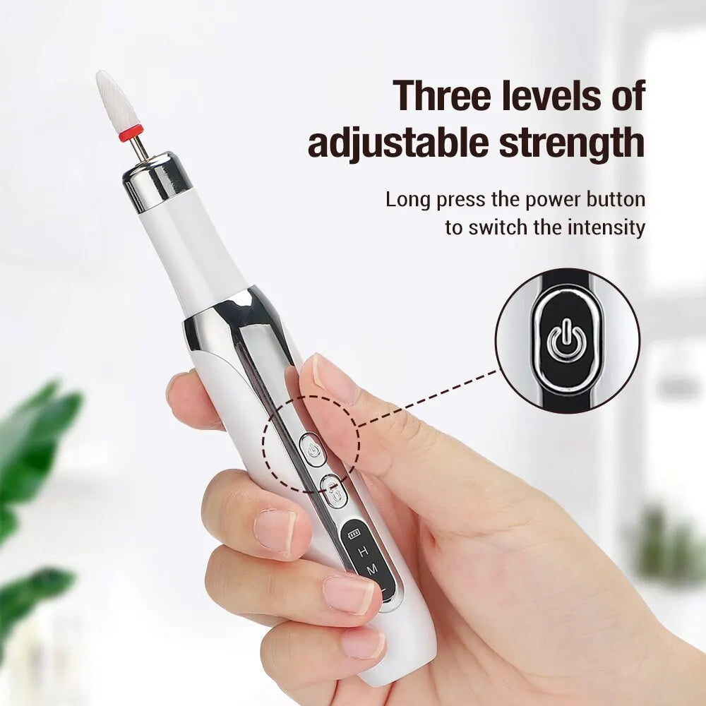 Multifunctional electric nail beauty instrument in white color with various grinding heads and a non-slip charging base.