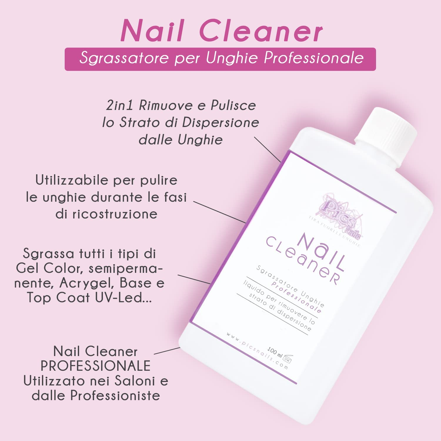 Boccetta di Nail Cleaner Sgrassatore Unghie Professionale 100 ml, prodotto per la pulizia e sgrassaggio delle unghie ricostruite.