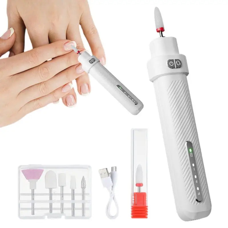 Electric Nail Drill Machine with ergonomic design, rechargeable battery, and multiple sanding heads for versatile nail care.