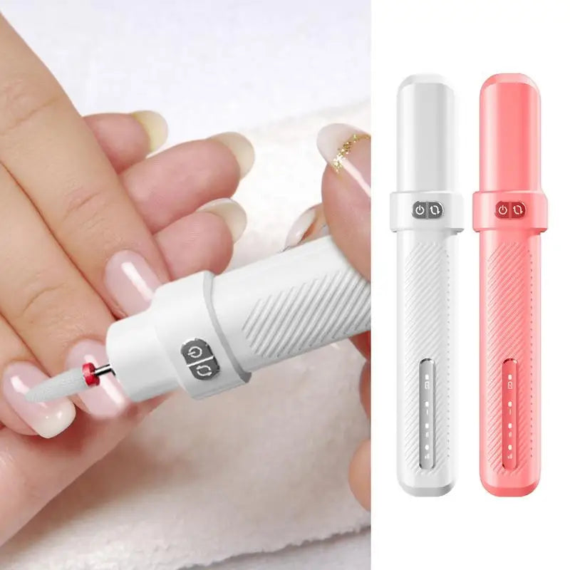 Electric Nail Drill Machine with ergonomic design, rechargeable battery, and multiple sanding heads for versatile nail care.