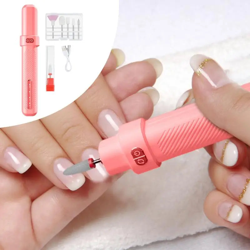 Electric Nail Drill Machine with ergonomic design, rechargeable battery, and multiple sanding heads for versatile nail care.