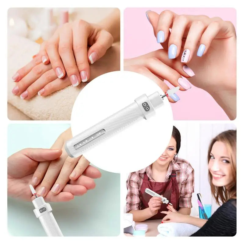 Electric Nail Drill Machine with ergonomic design, rechargeable battery, and multiple sanding heads for versatile nail care.