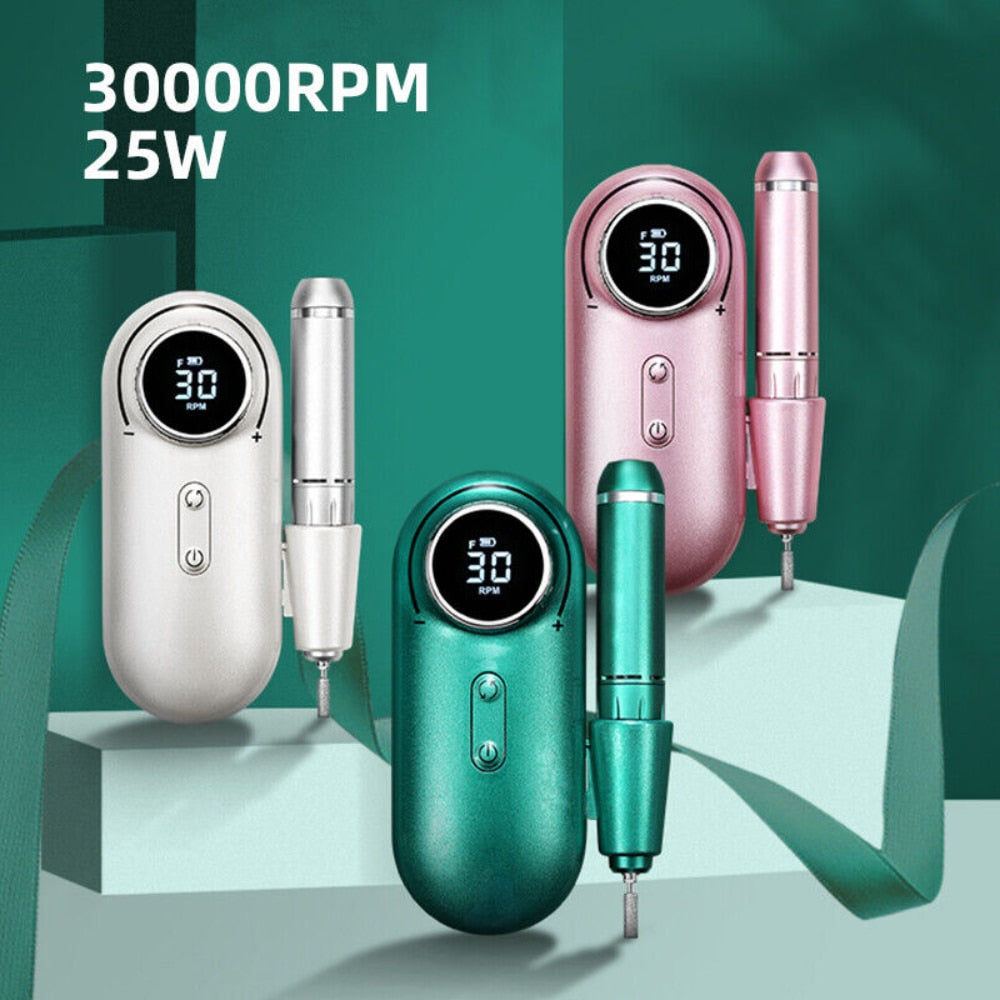 New Design Nail Drill 30000RPM Electric Sander with HD display in white, pink, and green colors, showcasing its ergonomic design and included accessories.