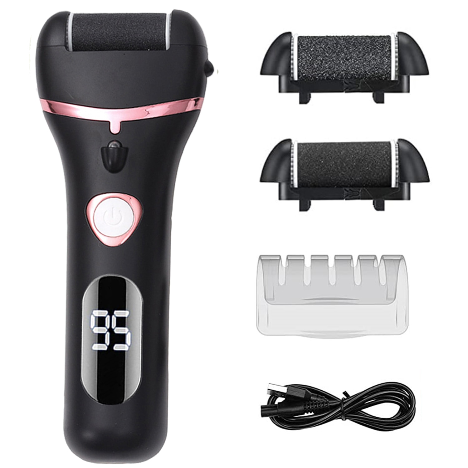 NEW Electric Foot File, a rechargeable and waterproof device for removing hard skin and calluses from feet, featuring an LED display and multiple roller heads.