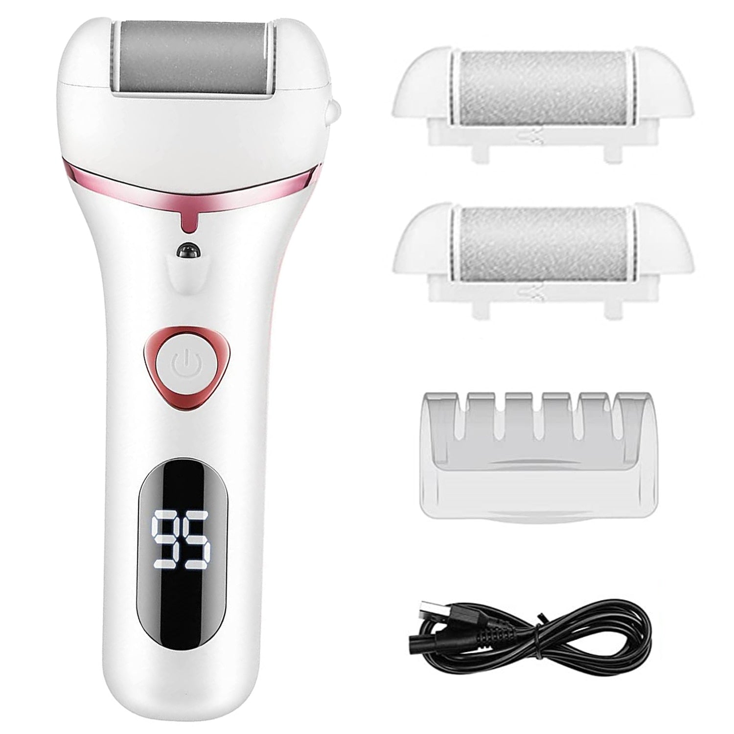 NEW Electric Foot File, a rechargeable and waterproof device for removing hard skin and calluses from feet, featuring an LED display and multiple roller heads.