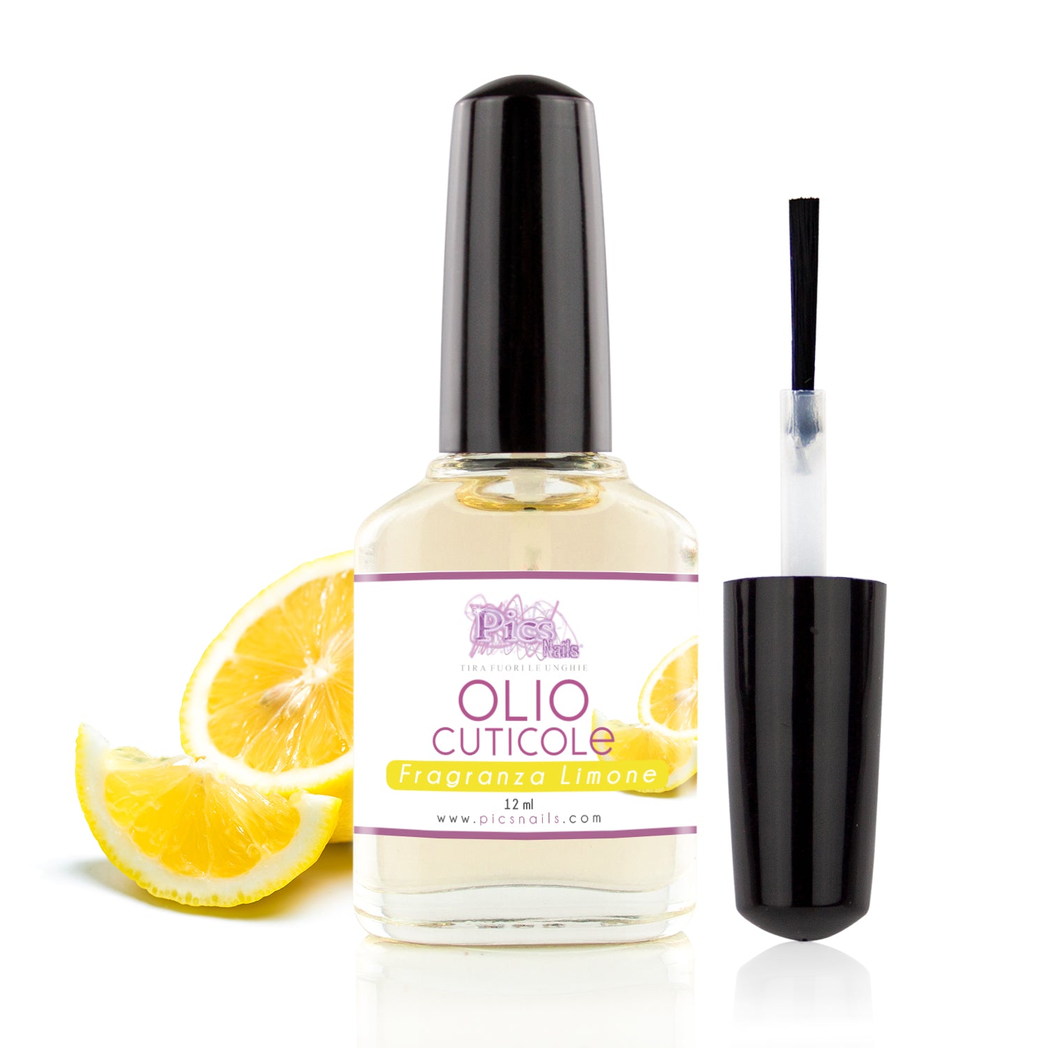 Flacone di Olio Cuticole Unghie per Mani e Piedi Professionale Limone 12 ml, con applicatore Roll On e fragranza al limone.