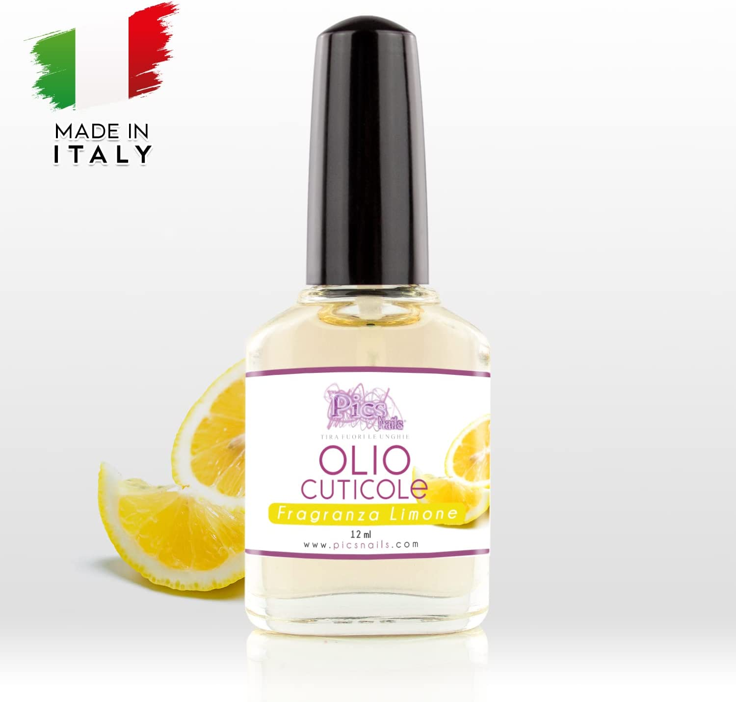 Flacone di Olio Cuticole Unghie per Mani e Piedi Professionale Limone 12 ml, con applicatore Roll On e fragranza al limone.