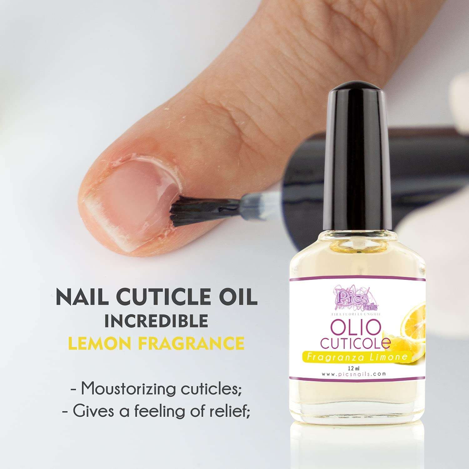 Flacone di Olio Cuticole Unghie per Mani e Piedi Professionale Limone 12 ml, con applicatore Roll On e fragranza al limone.