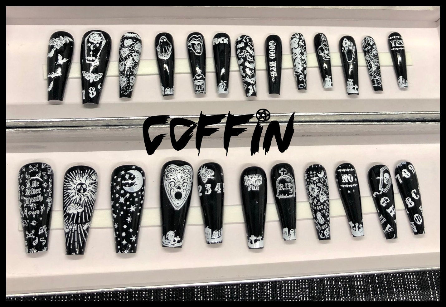 A set of 24 Ouija Board themed press on nails in stiletto, coffin, and short styles, showcasing unique designs and colors.