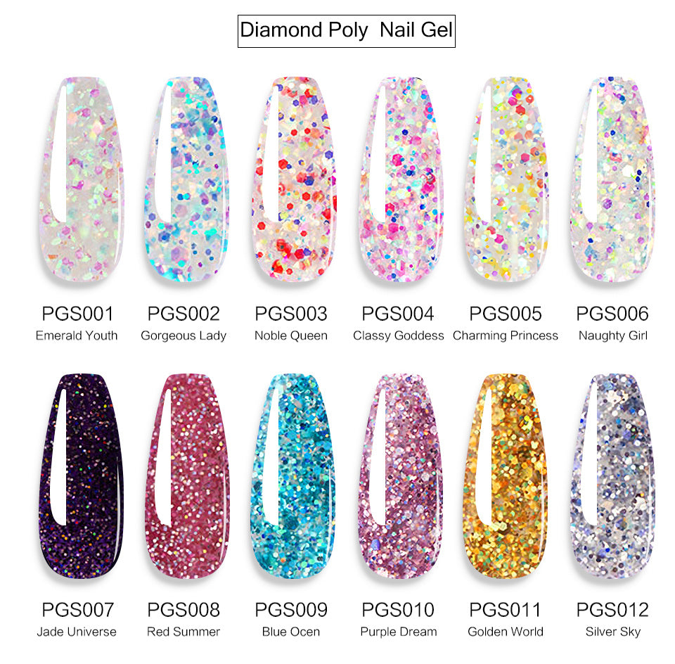 Poly Nail Gel Set featuring 4, 6, or 8 pieces in various colors for nail extensions, showcasing pure and glitter options.