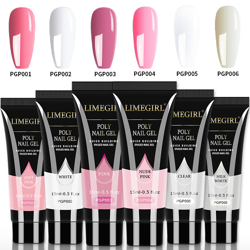 Poly Nail Gel Set featuring 4, 6, or 8 pieces in various colors for nail extensions, showcasing pure and glitter options.