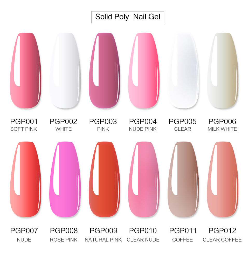 Poly Nail Gel Set featuring 4, 6, or 8 pieces in various colors for nail extensions, showcasing pure and glitter options.