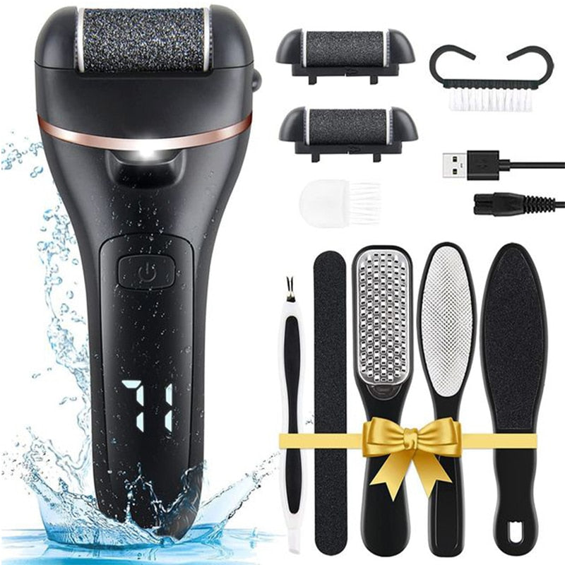 Portable Electric Foot File Callus Remover with USB charging and quartz sanding heads, designed for effective foot care.